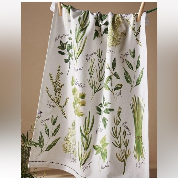 Anthropologie DISH TOWEL Cotton TYPES OF HERBS Green White KITCHEN 28" x 21" Tea - Picture 1 of 4